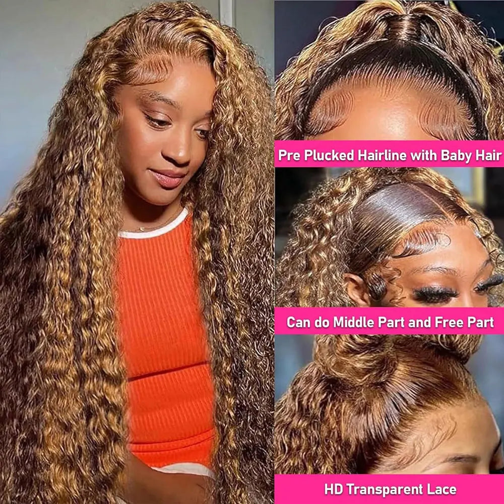 Ombre Highlight Curly Lace Front Human Hair Wigs 250% 13x4 HD Transparent Deep Wave Frontal Wig P4/27 5x5 Gluless Closure Wigs