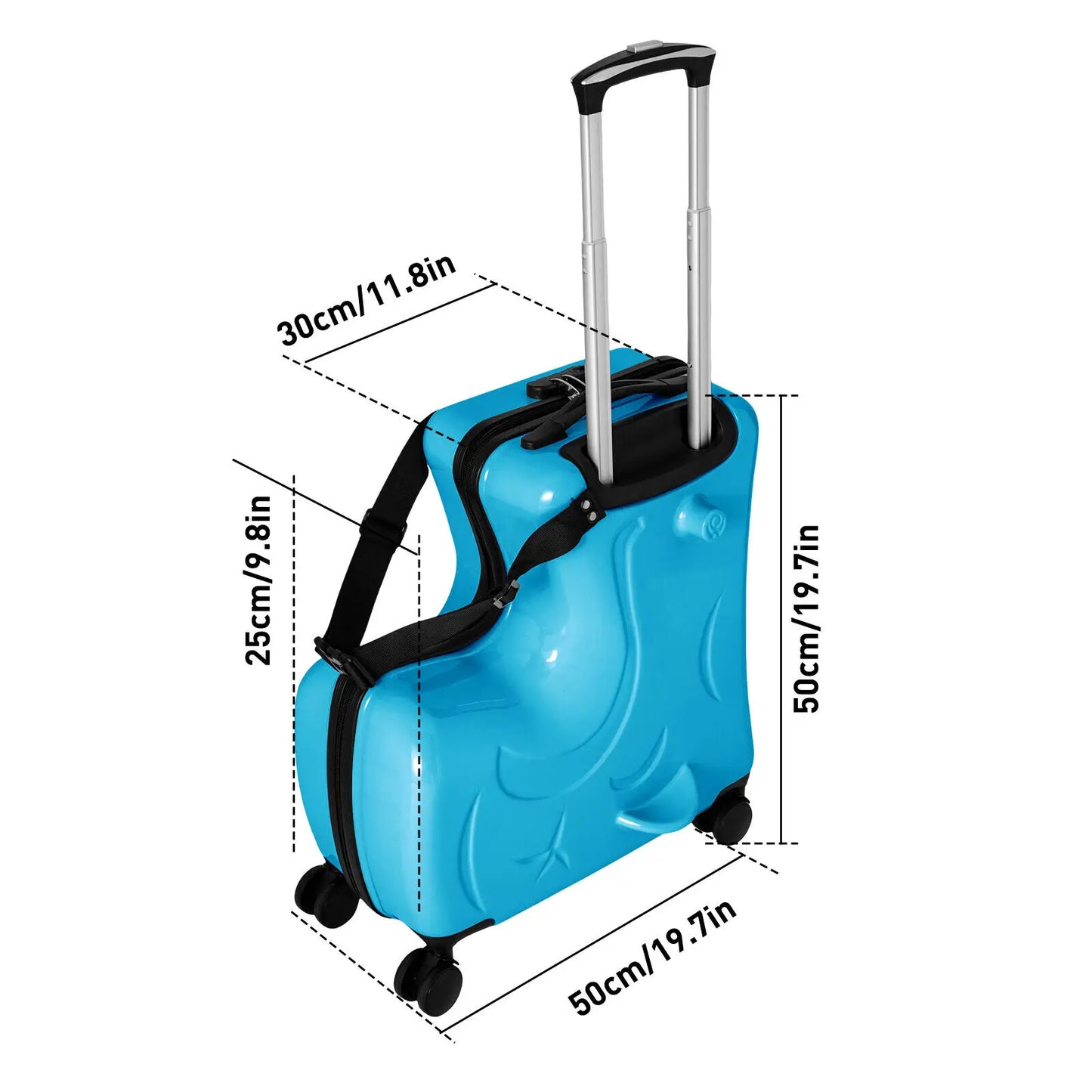 82-100cm Horse Shaped Blue Luggage Case Kids Ride-On Roll Suitcase Luggage Bags Wheeled Trolley Lugg 30kg Children Aged 3-6