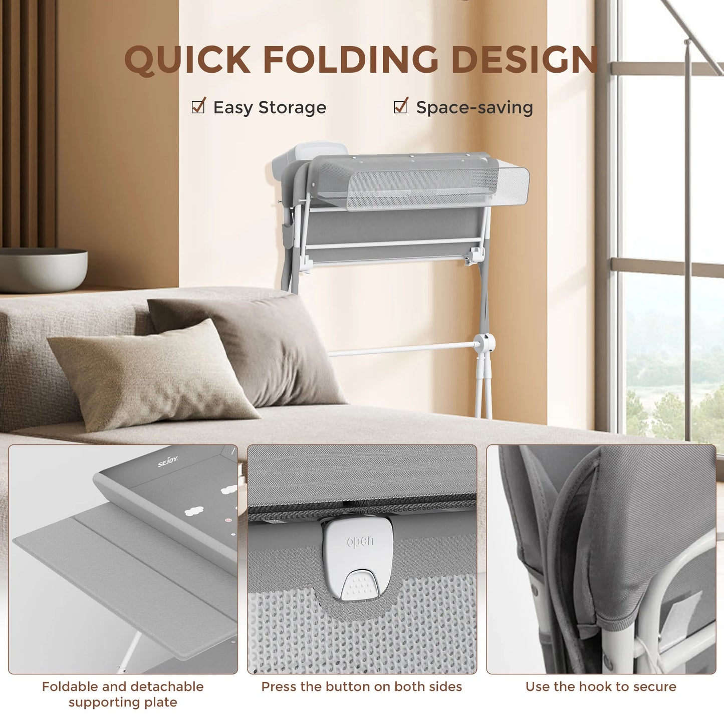 SEJOY Foldable Baby Changing With Wheels Table Portable Height Adjustable Diaper Care Station Mobile Infant Newborn Diaper Table