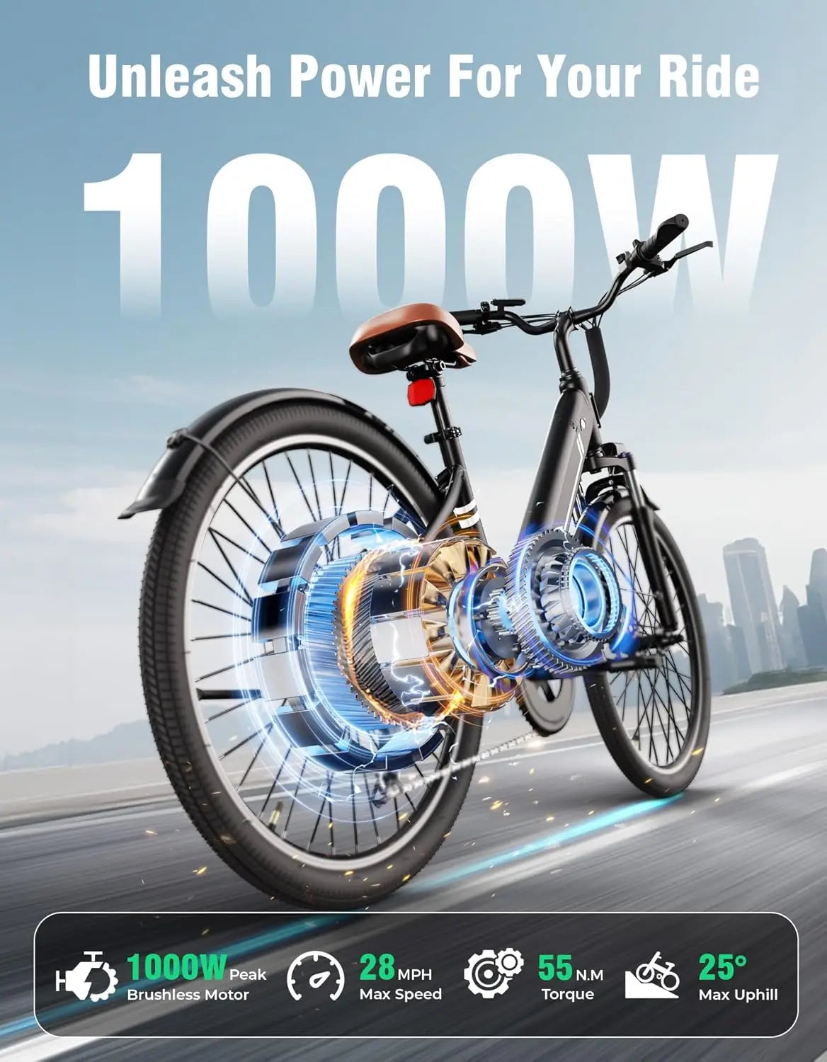 Electric Bikes for Adults,1000W Electric Bike, 26" Ebikes for Adults with 375Wh Removable Battery, 25MPH&40Miles, Customized