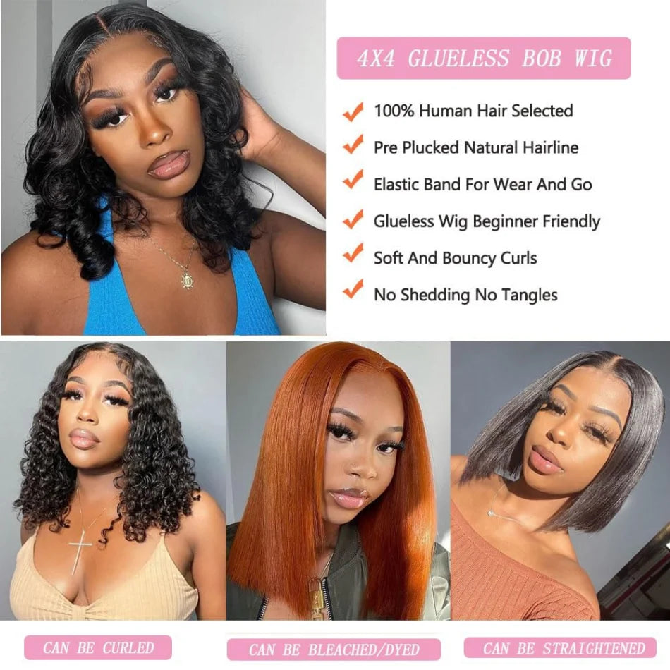 Wear And Go Glueless Bob Wig Human Hair Short Body Wave Lace Front Wigs Pre Cut Brazilian Hair 4X4 Hd Lace Closure Wig For Women