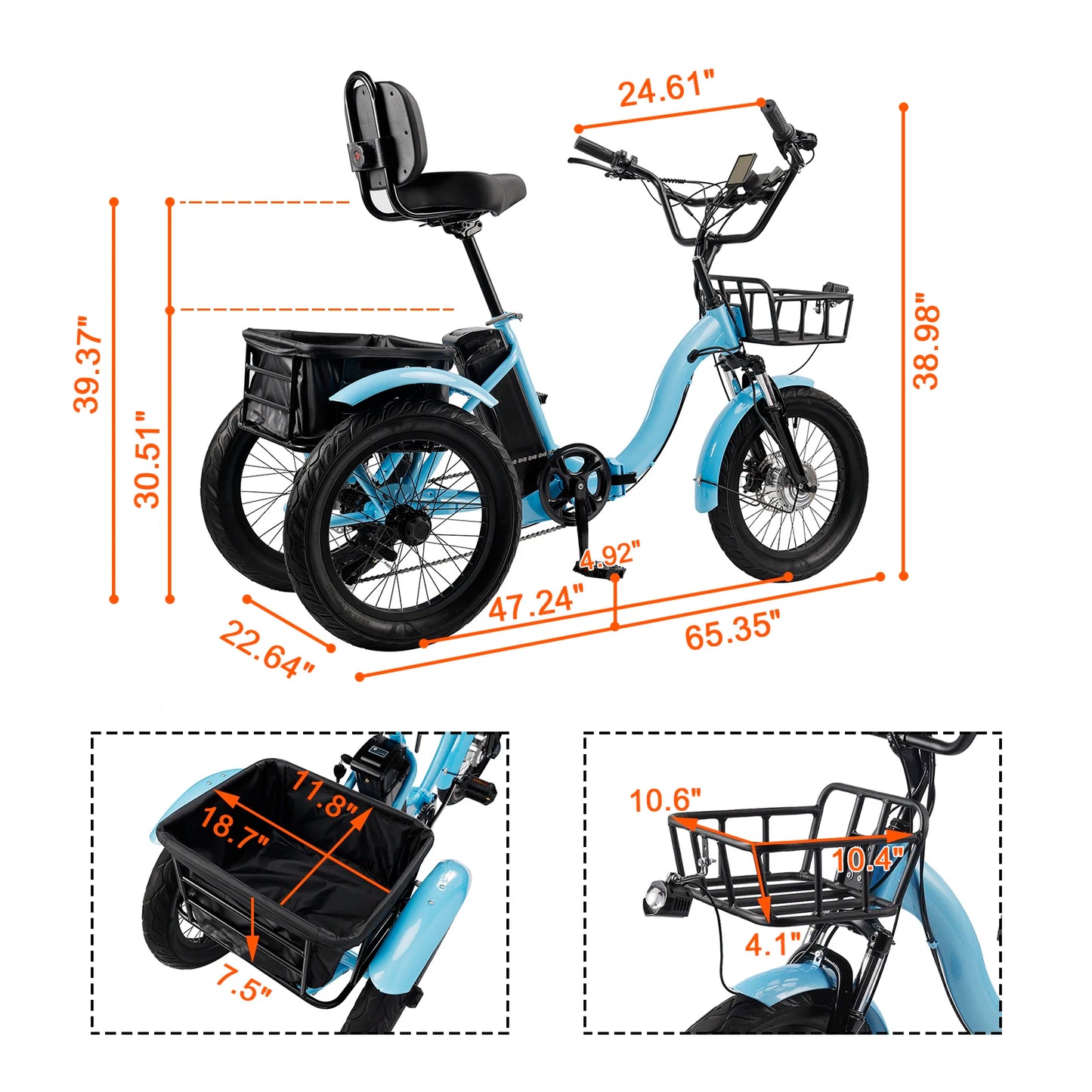 Artudatech 18" 48V 13AH 350W (peak 525W) Foldable Electric Trike for Adults 3 wheel e-trike Variable speed with IPX7 Display