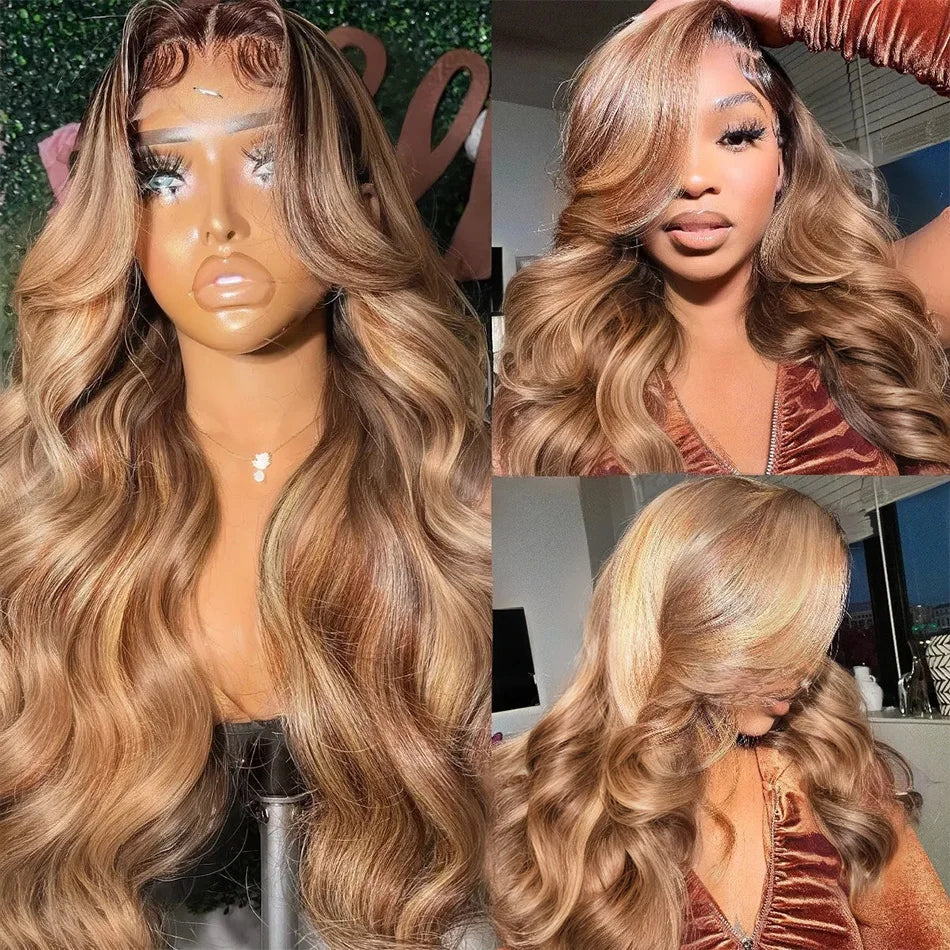 250 Density Highlight Ombre 100% Human Hair 13x6 HD Lace Frontal Wigs Body Wave 13x4 Lace Front Wig Water Loose Brown Brazilian