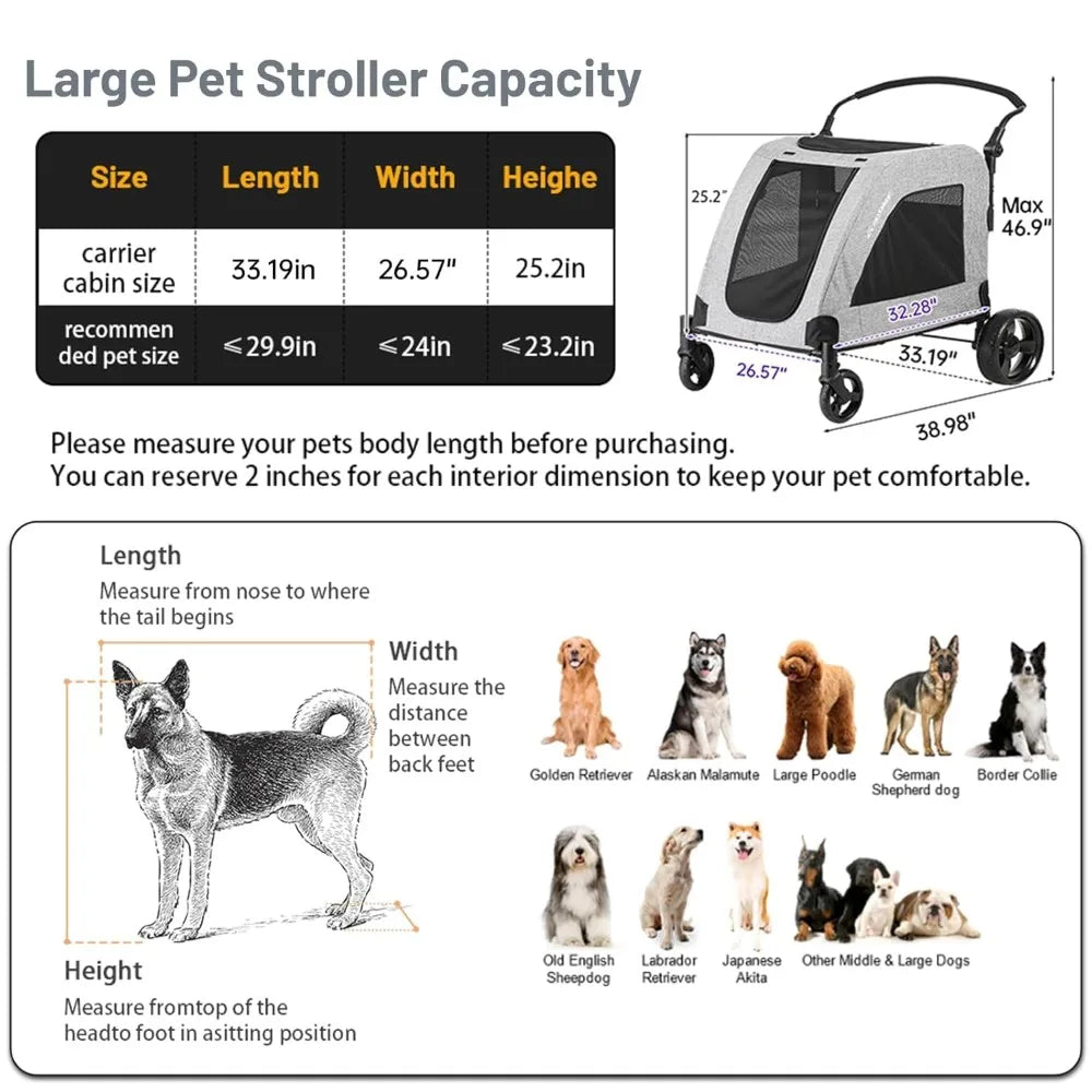 XL Extra Large Dog Stroller - Adjustable Handles, Lightweight Folding Pet Stroller, All-Terrain 4 Wheel for 2 Medium Dogs