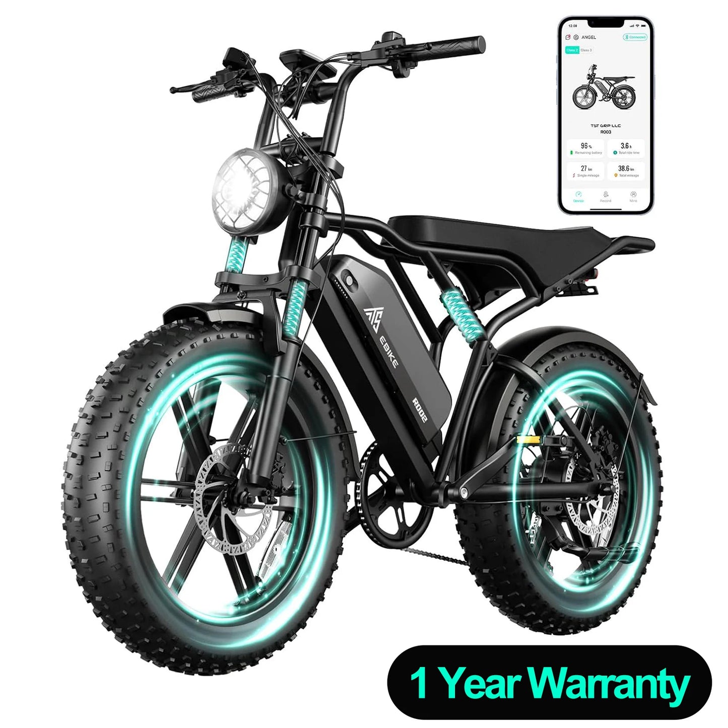 TST R002S 1500W e-bike, 20" fat tires, 60-mile range, 28MPH, 48V 15Ah battery, for all terrains.