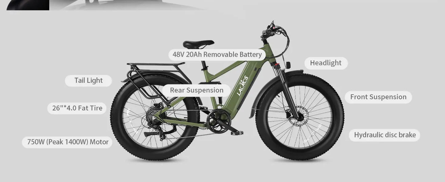 Lacros Thunder adult E-bike，750W city ebike，48V20AH Electric Bicycle，26 Fat Tire E-Mountain bike