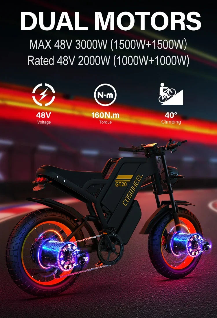 COSWHEEL GT20 Pro Dual motors E-Mountain bike 48V 25+15Ah Dual batteries Dual suspension 20" Fat Tire Off-Road Adult E-bike