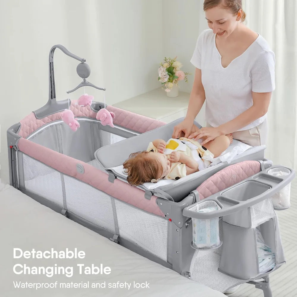 L Baby Bassinet Bedside Crib, Pack and Play with Mattress, Diaper Changer and Playards from Newborn to Toddles, Pink