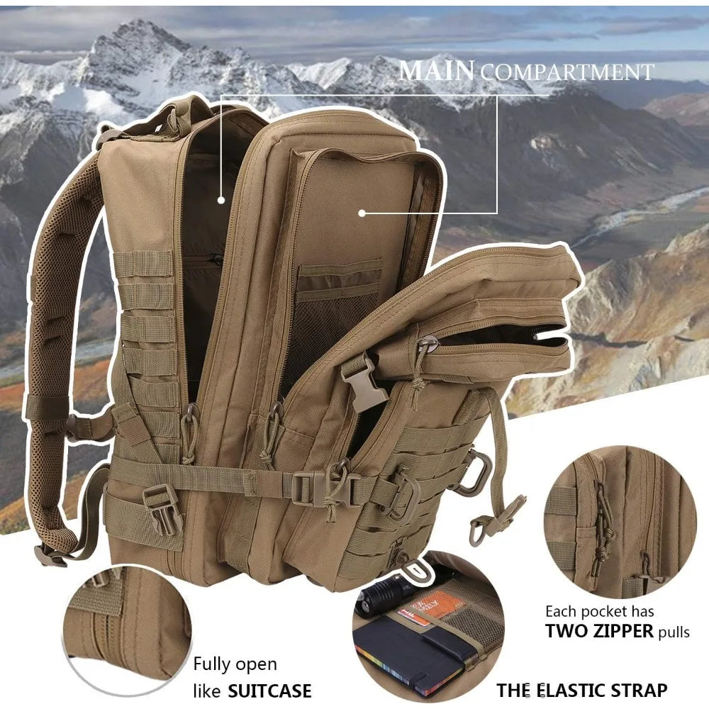 MOLLE Assault Pack, Tactical Backpack Military Army Camping Rucksack, 3-Day Pack Trip w/USA Flag Patch, D-Rings, Coyote