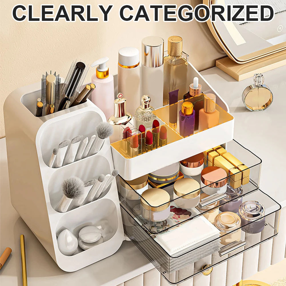 Plastic Desktop Organizer Makeup Storage Box with Drawers Cosmetic Display Case Makeup Display Stand for Lipstick Makeup Brush