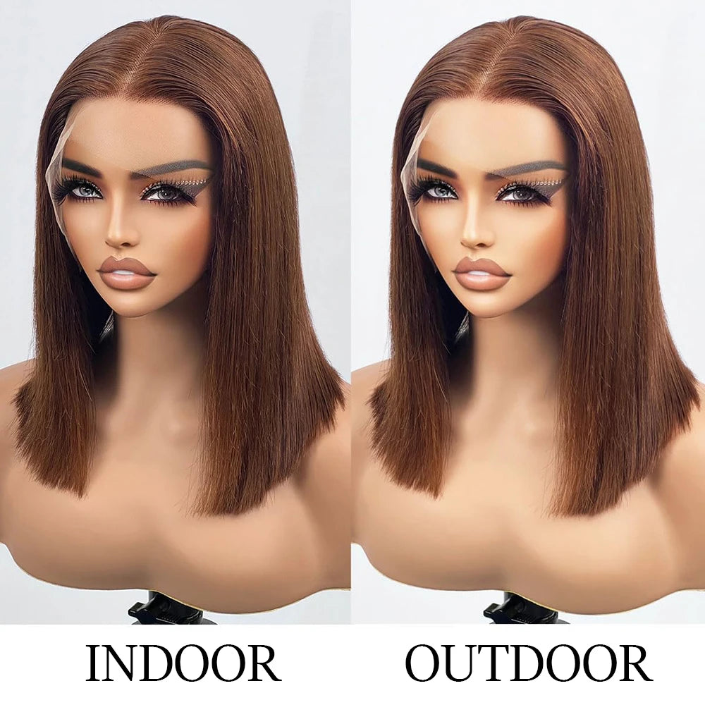 Idoli Brown Bob Lace Front Wig Human Hair Straight HD Transparent Blunt Cut Chocolate Brown Bob Wig Human Hair 13X4 Frontal Wigs