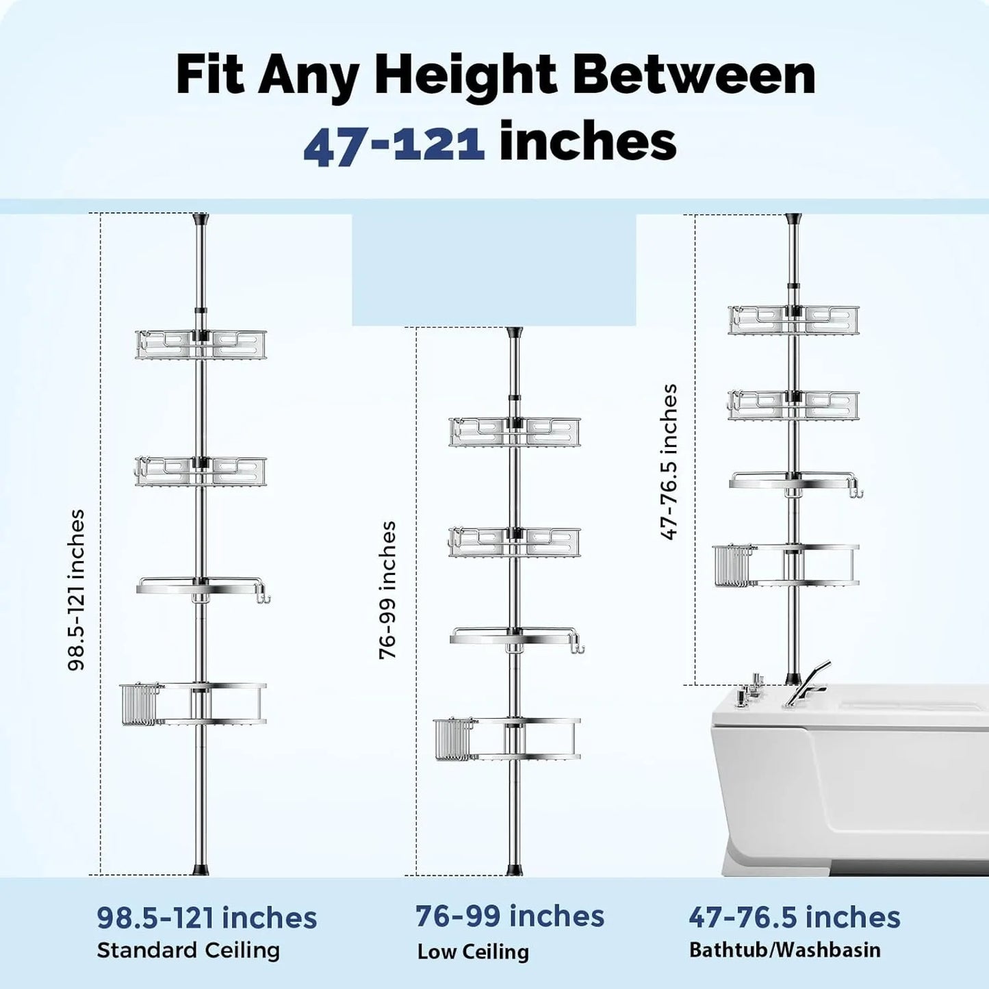 Corner Shower Caddy Tension Pole: Quick Installation 4-Tier Rustproof Bathroom Organizer Shelves for Bathtub Shampoo Storage