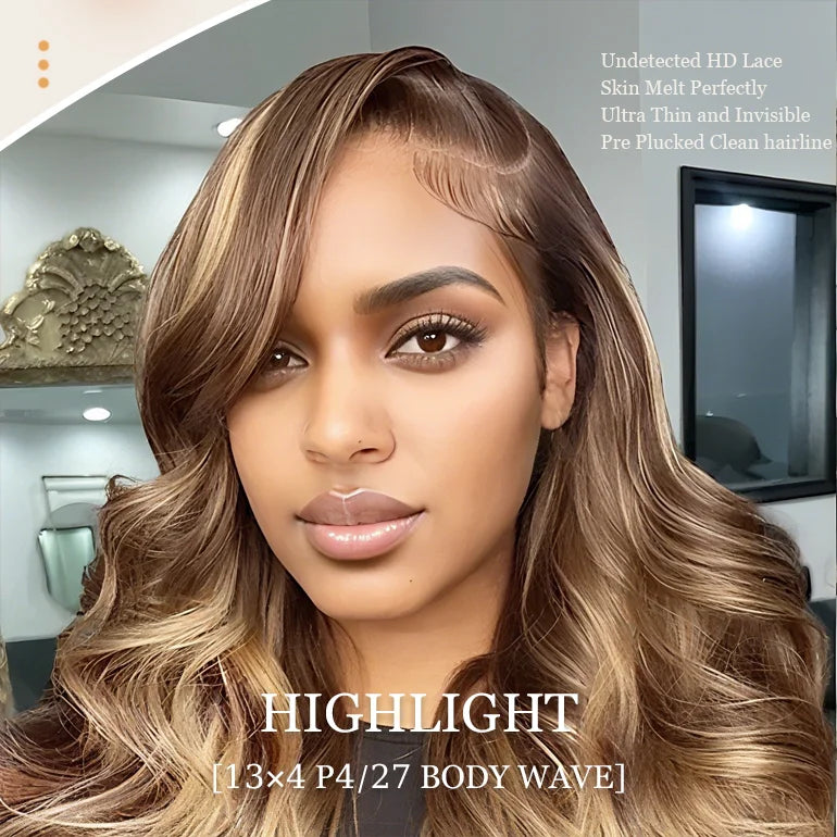 13x6 Lace Frontal Wig body Wave 36 Inch 220% Density P4/27 Highlight HD Transparent Lace Brazilian Human Hair Wigs For Women