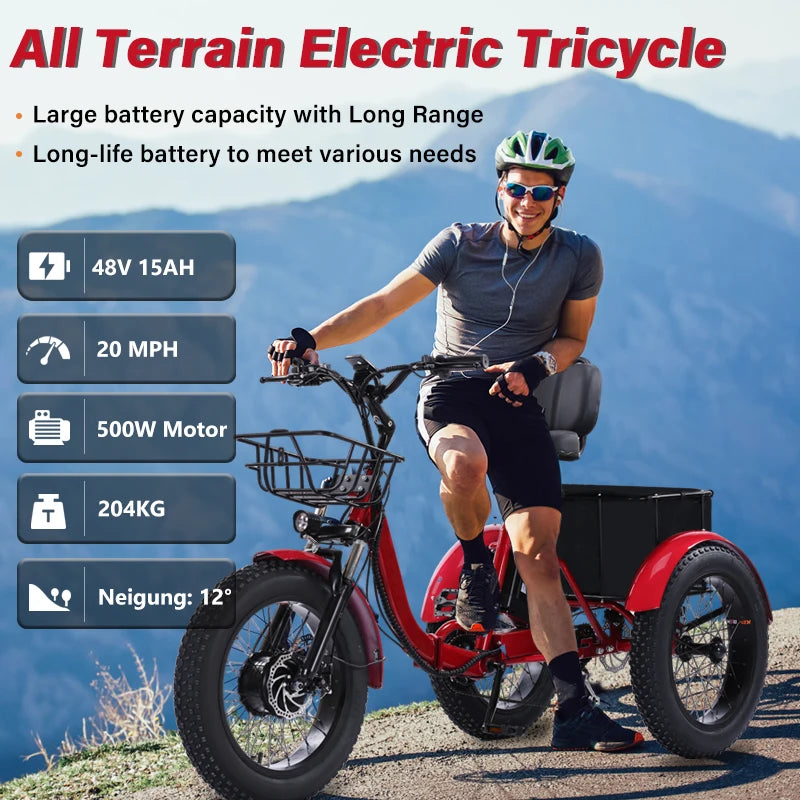 48V500WElectric Tricycle for Adults Brushless Motor Folding Trike Ebike Folding E-Tricycle with Large Basket and Lithium Battery