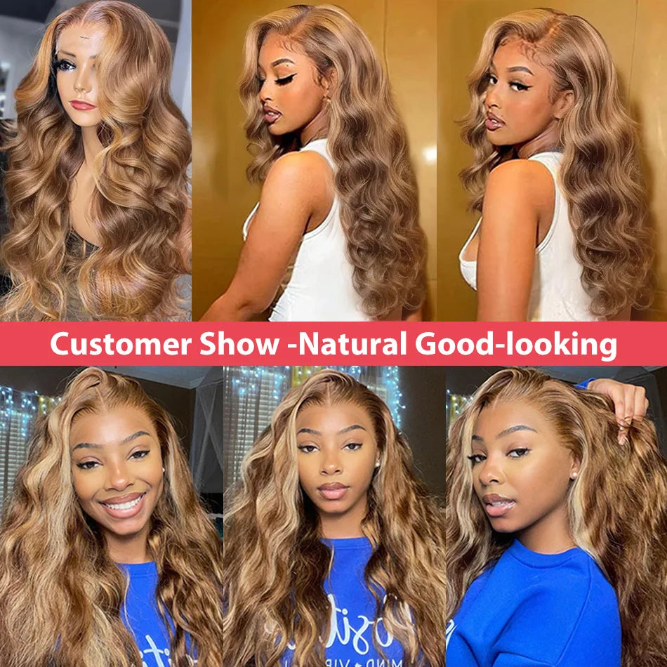 250 Density Highlight Ombre 100% Human Hair 13x6 HD Lace Frontal Wigs Body Wave 13x4 Lace Front Wig Water Loose Brown Brazilian