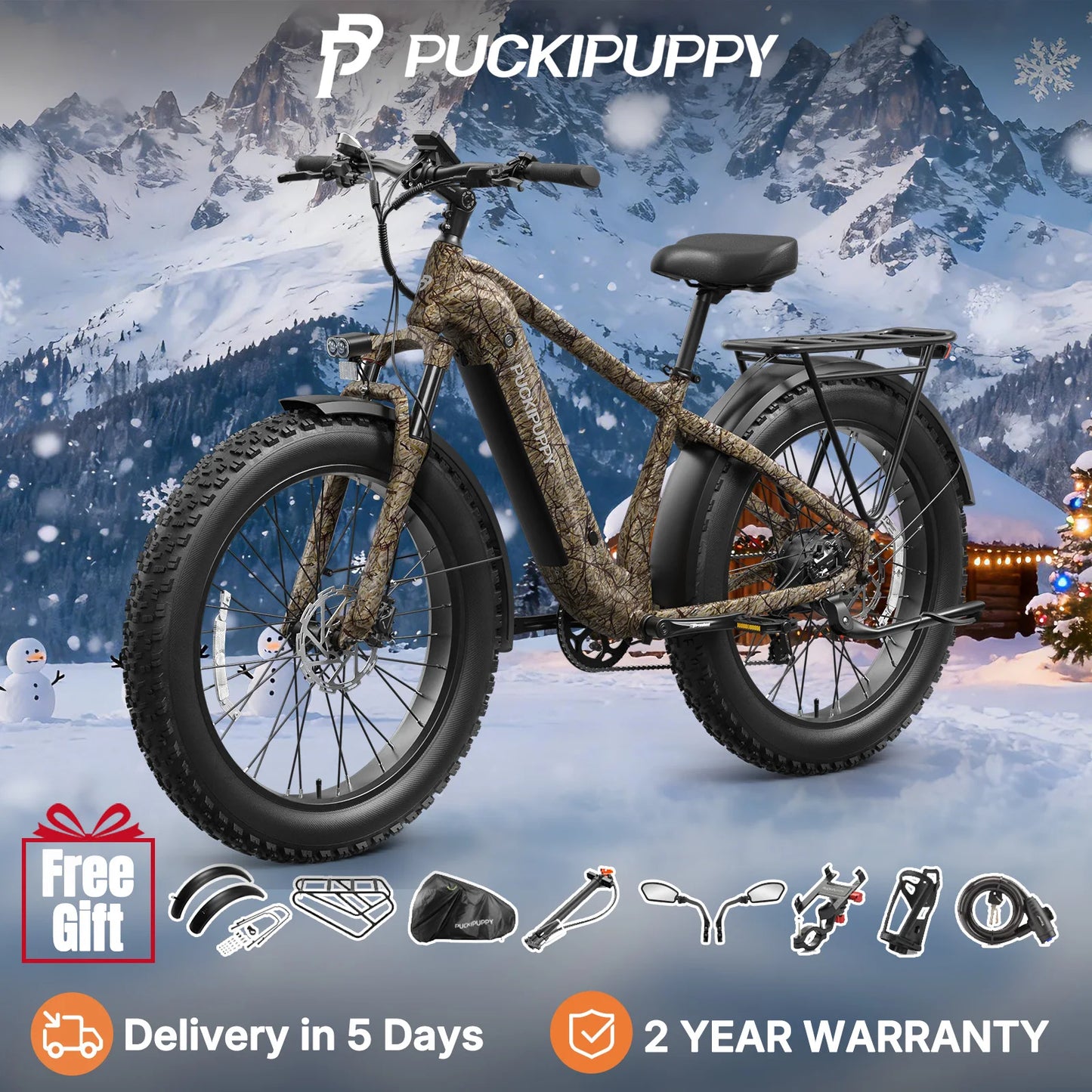 PUCKIPUPPY Beagle 2 Electric Bike With 960W Peak 26" Fat Tire Electric Mountain Bike 28MPH 48V 15AH Removable Battery Ebike
