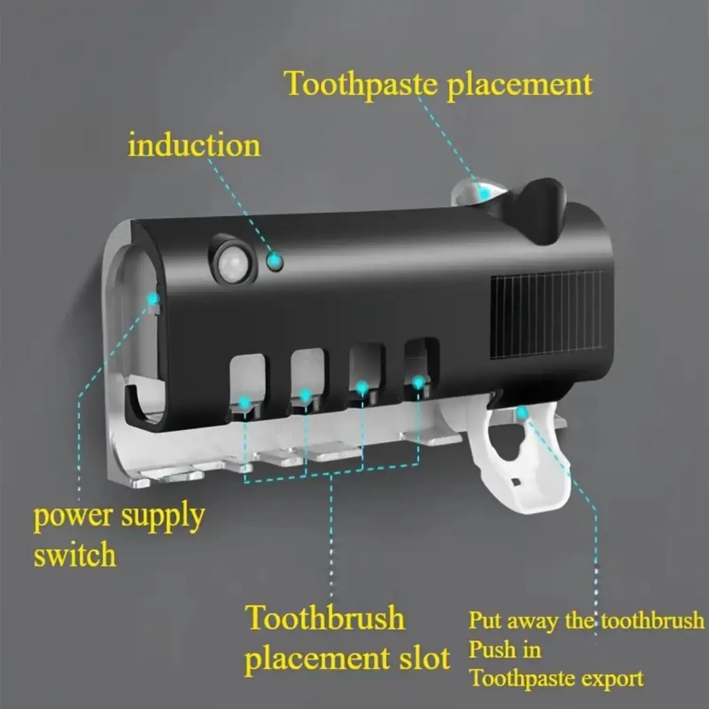 Wall mounted toothpaste dispenser with 4 toothbrush slots, toothbrush cleaning rack, bathroom accessories, no drilling required