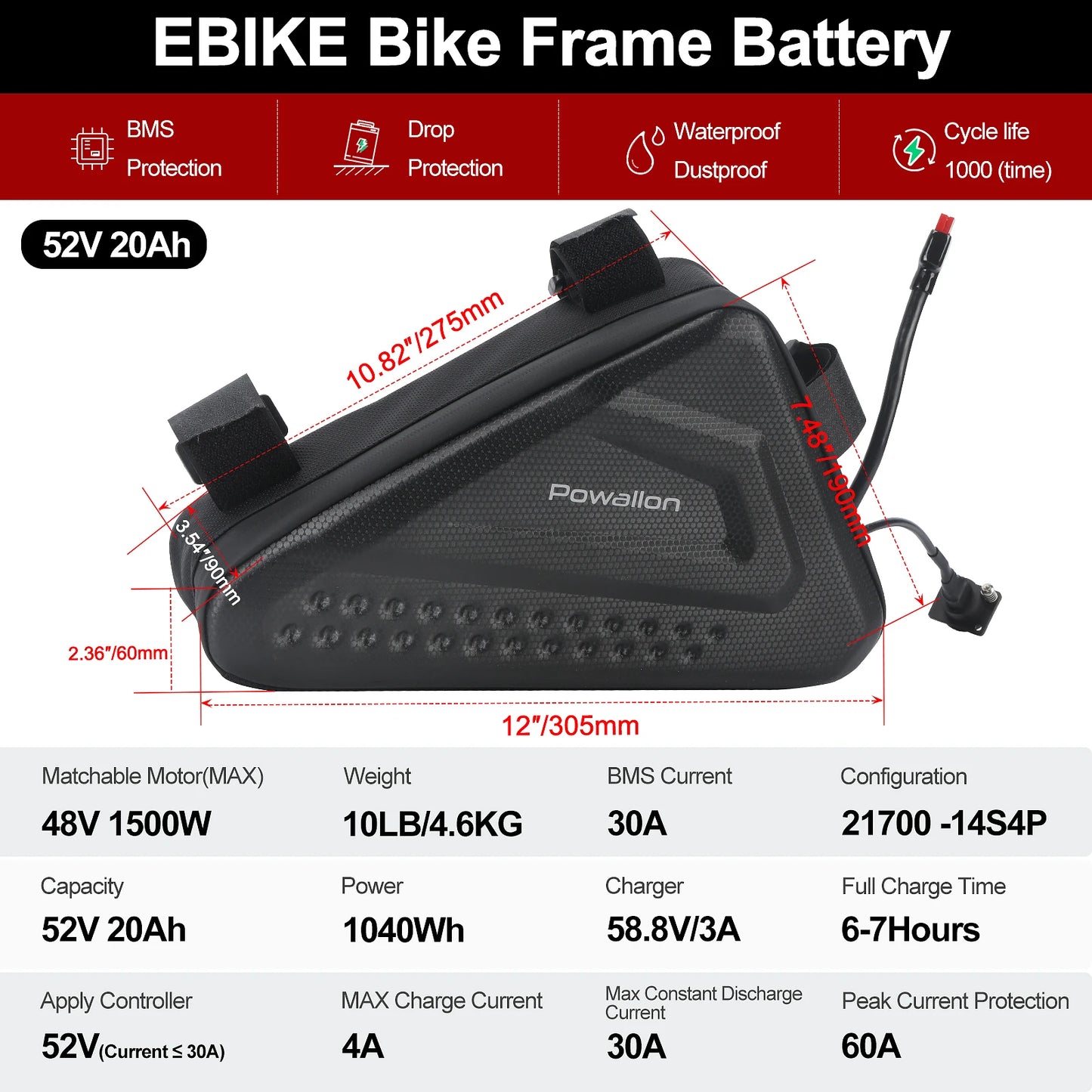 36V 48V EBIKE Battery - 10AH 13AH 20AH Options, E-Bike Triangle Battery with Hard Case Waterproof Case Bag, A+ Branded Cells