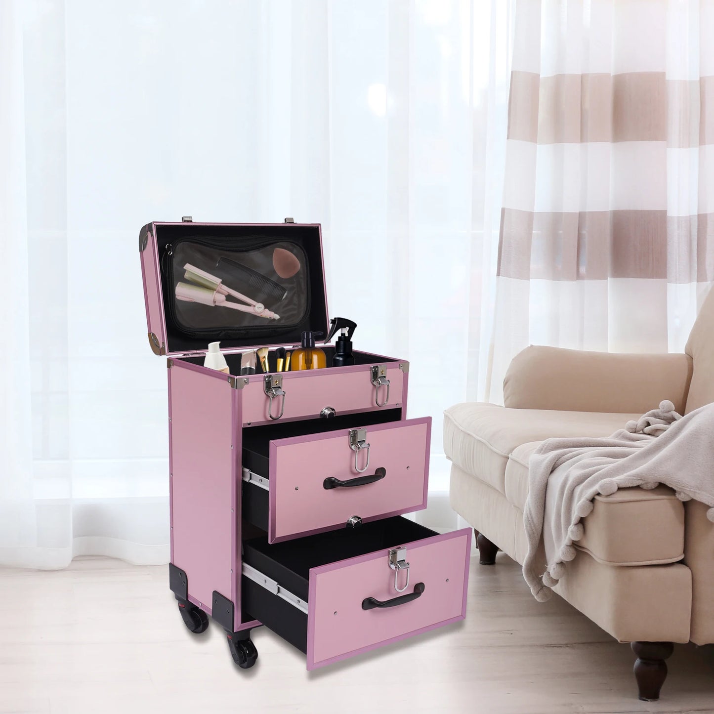 Sturdy Pink Makeup Case with Wheels - Versatile Storage for Beauty Tools and Cosmetics