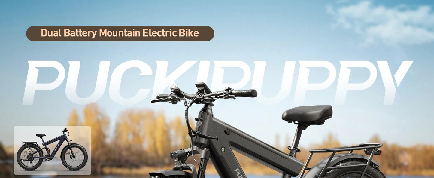 PUCKIPUPPY Dual Battery Electric Bike for Adults 1350W 48V 30AH Ebike 26" Fat Tire Full Suspension Electric Mountain Bike