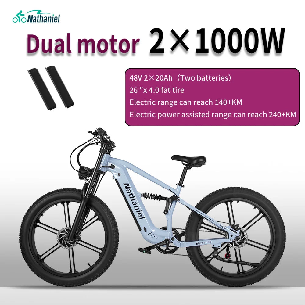 Nathaniel SYR09  26*4.0 electric bike, dual motor 2000W integrated wheel, 48V 20Ah, adjustable shock absorption, suitable for be