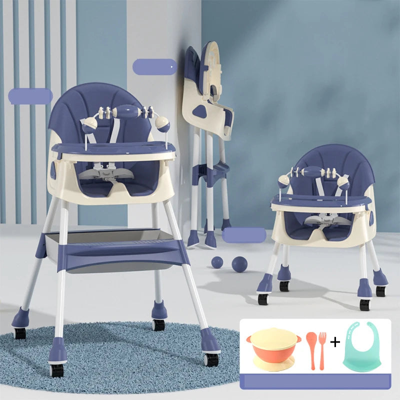 Foldable Baby High Chair 6 Months Plus with Large Antislip Pad & ToyRack Easy to Clean Feeding E500 With Brakeable Wheel