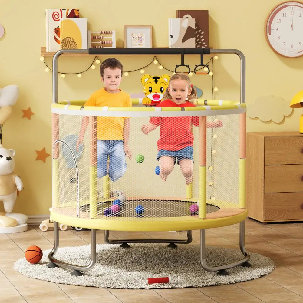 5FT Kids Indoor Outdoor Trampoline, Baby Toddler Trampoline with Basketball Hoop, Swing, Sandbag, Ocean Balls, Enclosure Net