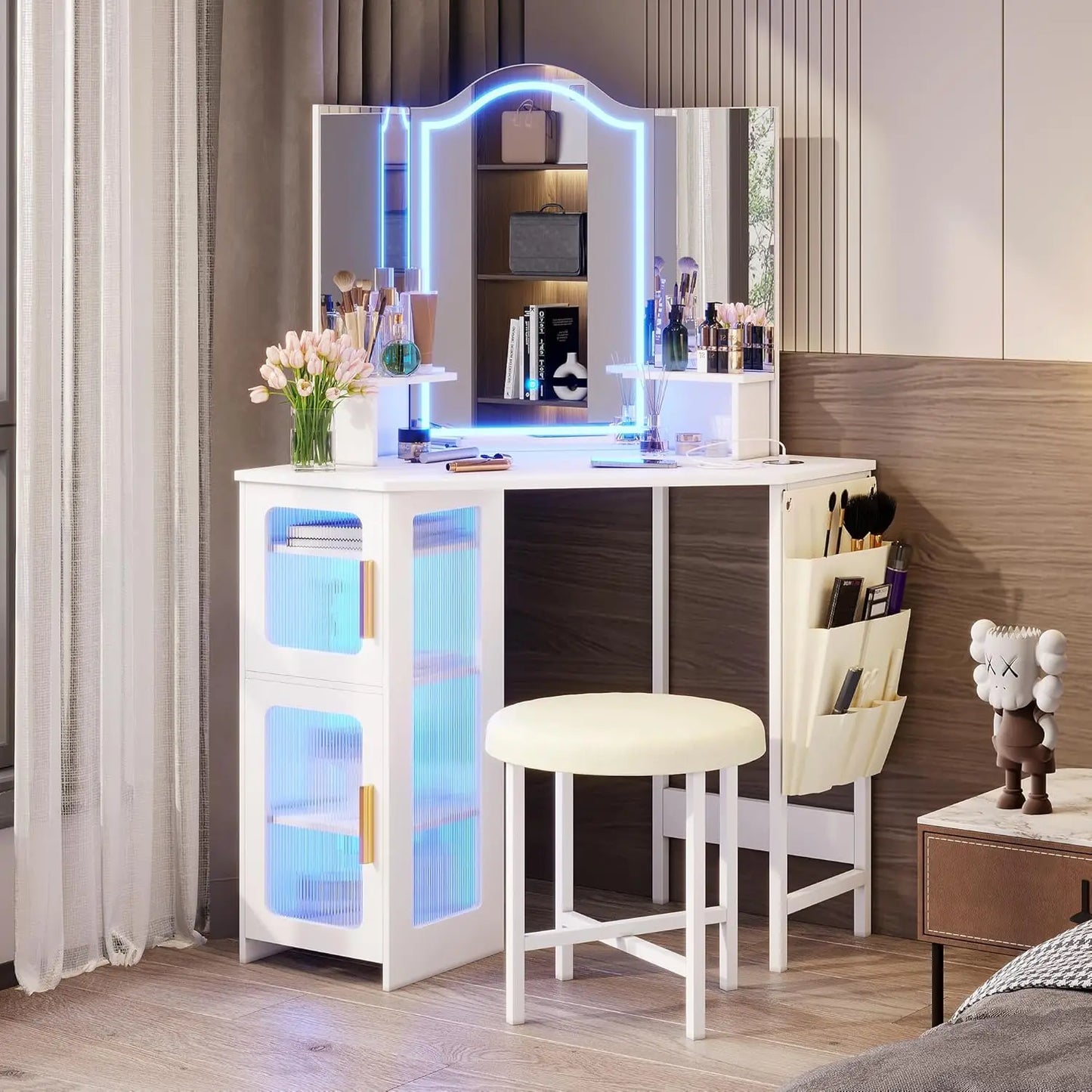 White Vanity Desk with Lighted Mirror, Makeup Table with LED Lights, Dressing Table with Charging Station