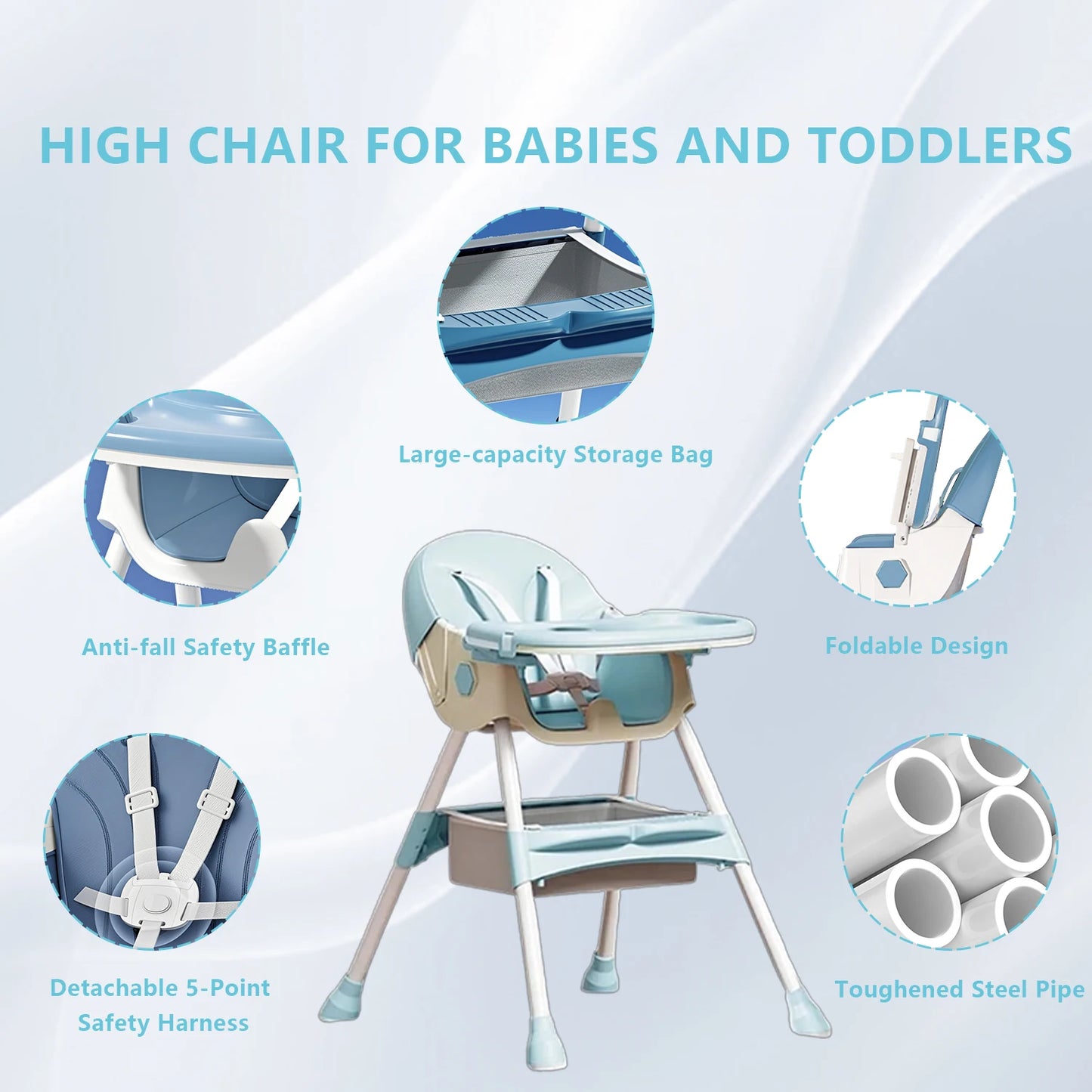 Foldable Baby High Chair 6 Months Plus with Large Antislip Pad & ToyRack Easy to Clean Feeding E500 With Brakeable Wheel