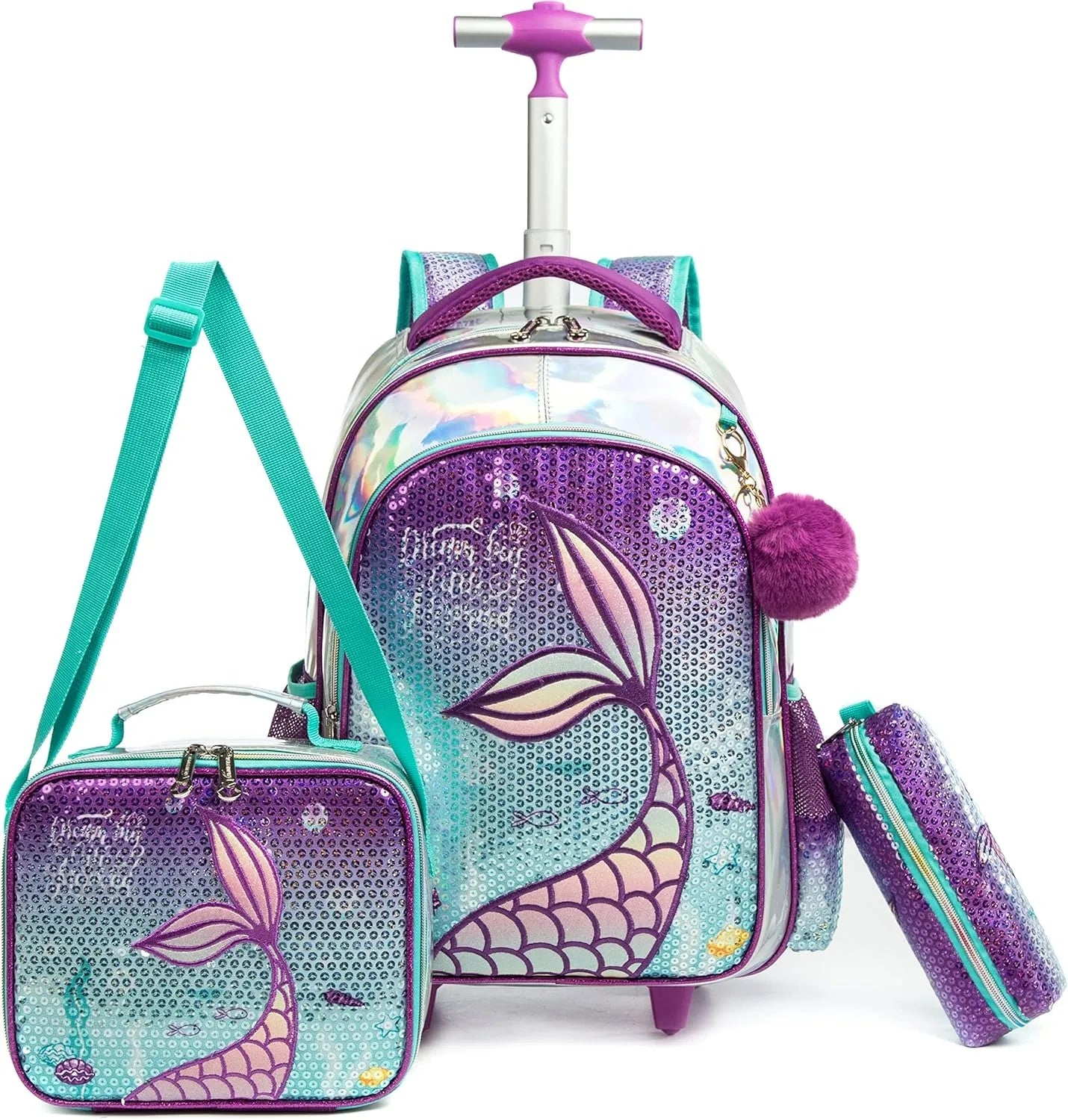 Mermaid Rolling Backpack for Gilrs Backpacks with Wheels for Elementary School Bag Trolley Trips Luggage with Lunch Box