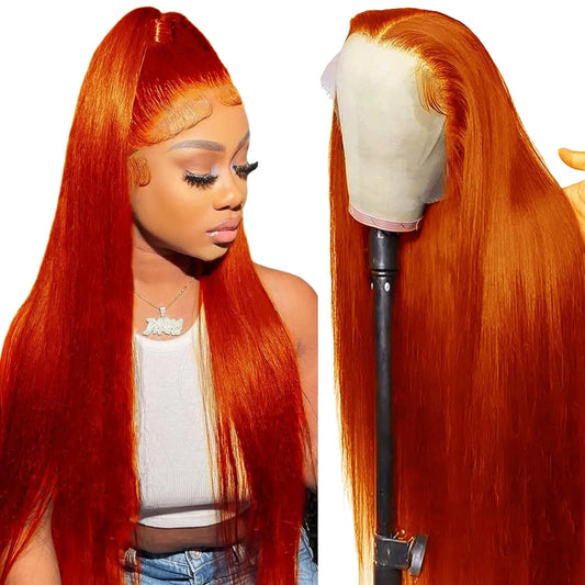 Bone Straight 13x6 Lace Front Wigs Human Hair 200% Density Ginger Colored HD Transparent Lace Frontal Wig Pre Plucked Remy Hair