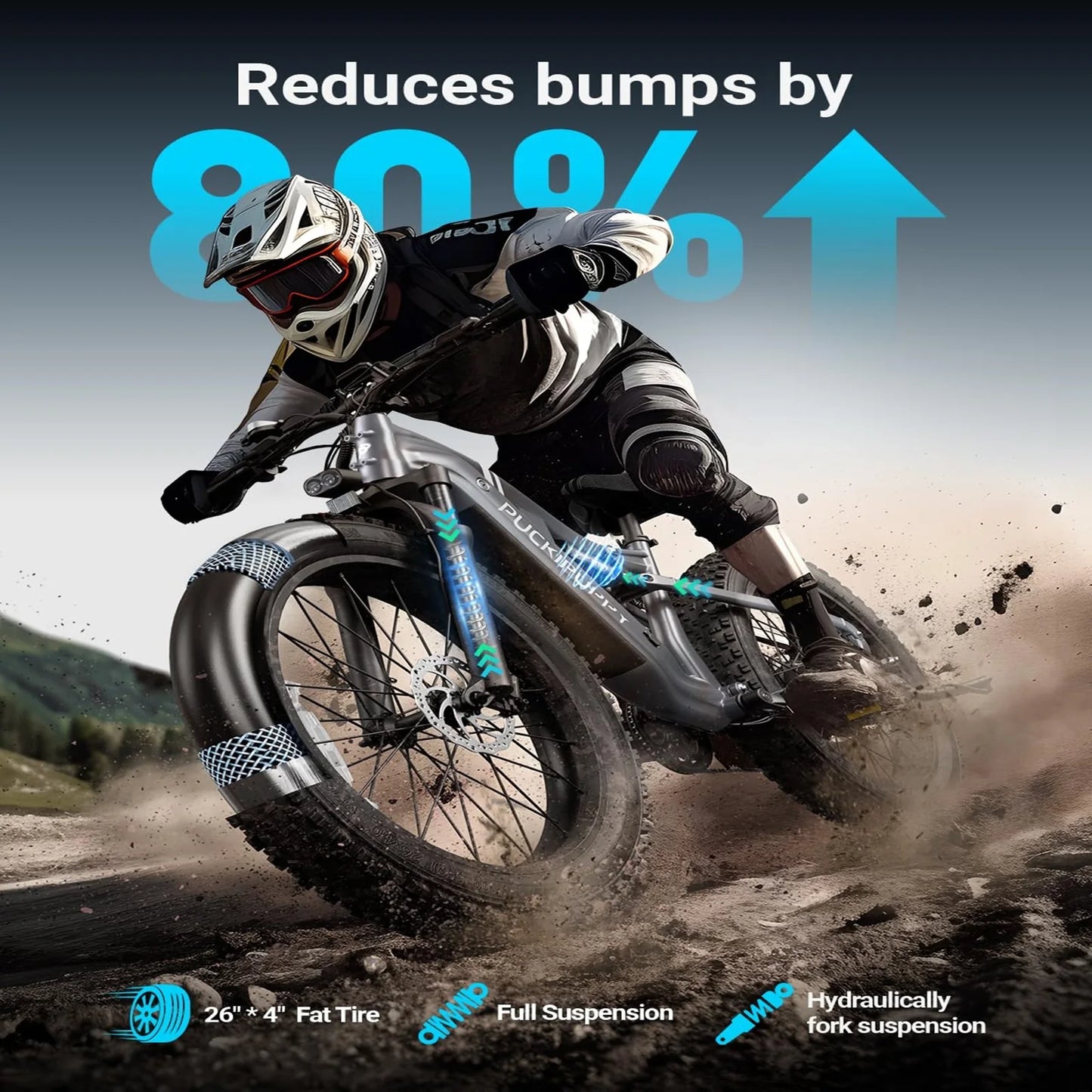PUCKIPUPPY Electric Bike for Adults 26" Fat Tire 8 Speed 28 MPH Full Suspension Electric Mountain Bike 1350W Peak 48V 20AH Ebike