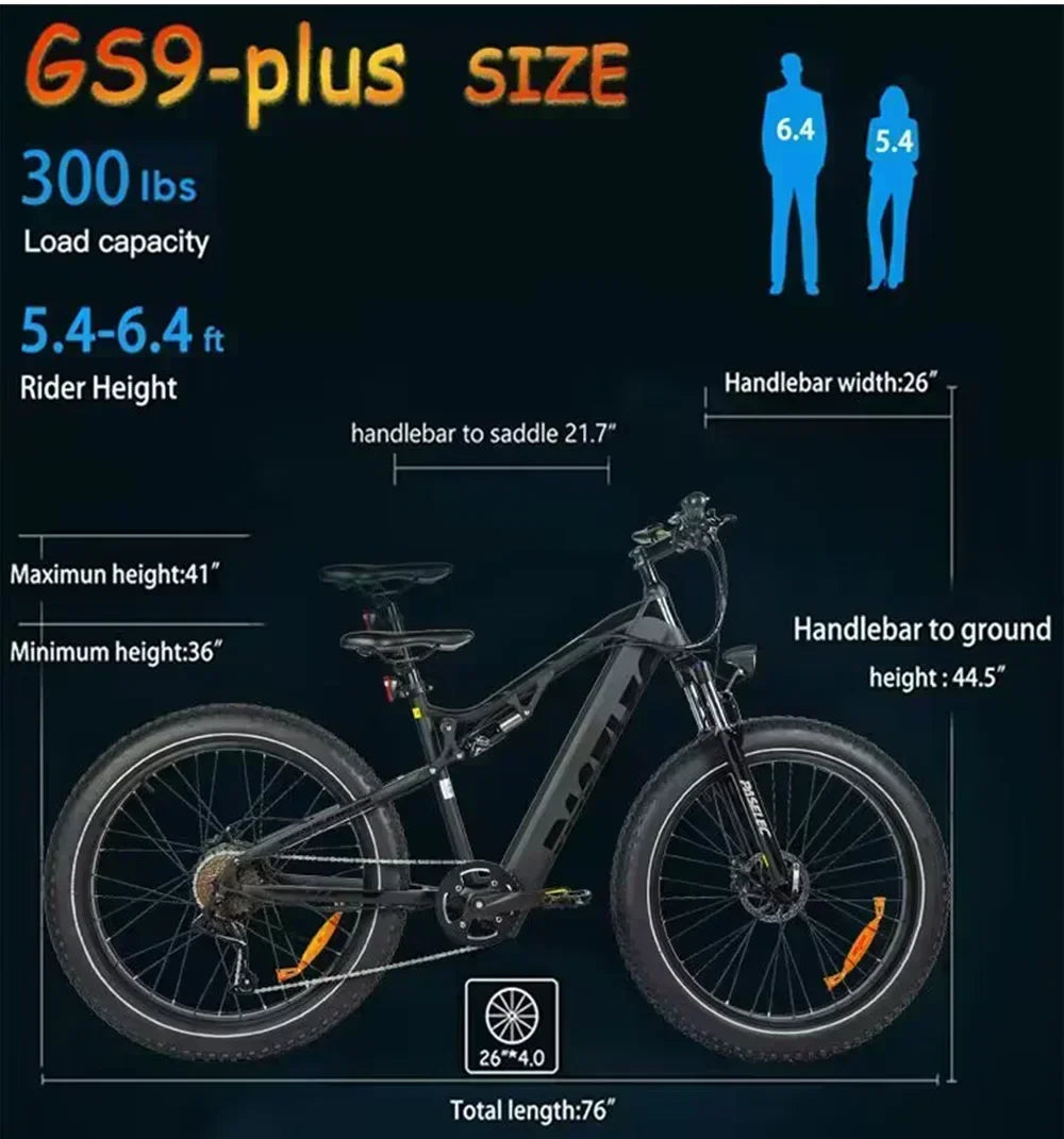 ebike GS9 Off-road Mountain Electric Bike 26-inch Fat Tire Bike 1000W 48V 17AH Hidden Battery Hydraulic Brake E-Bike