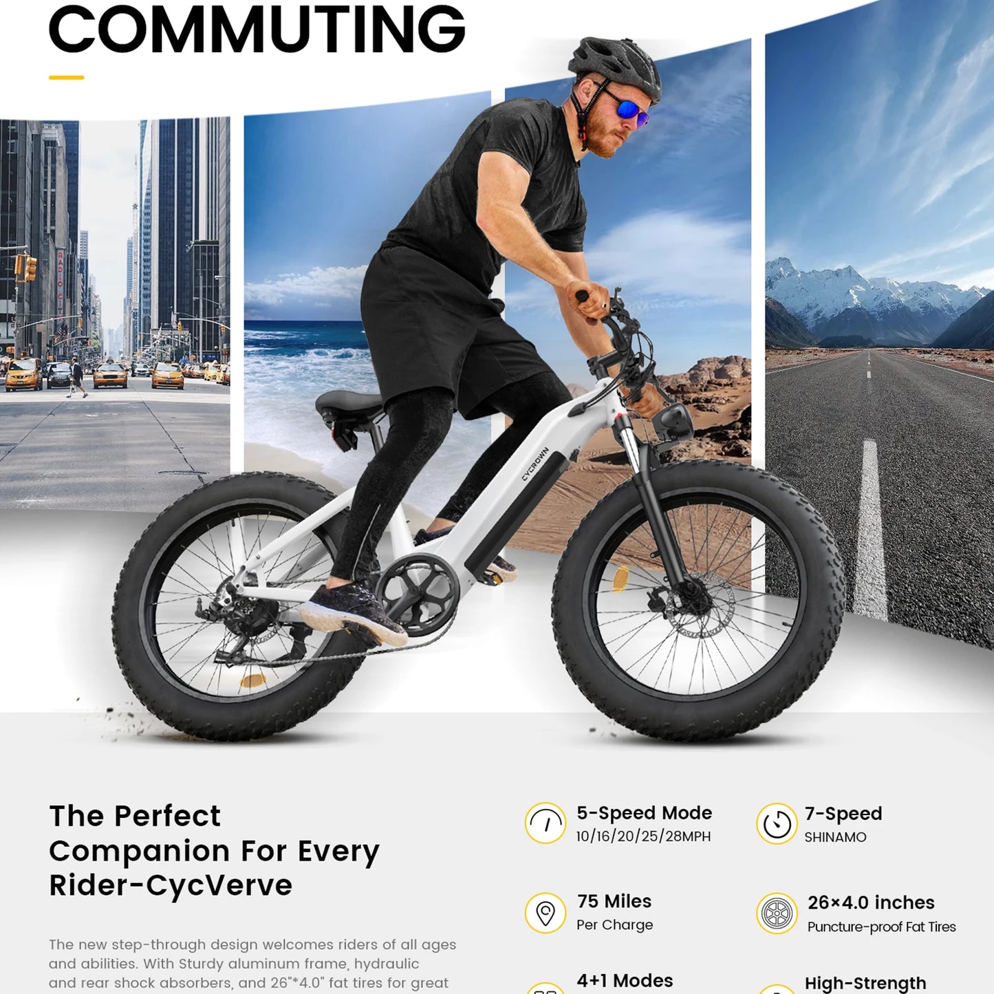 Electric Bike For Adults CYCROWN CYCVEVRE 26x4" 1000W Motor Top Speed 28Mph 48V 15.6AH Range 60Miles Max Load 330Ibs New