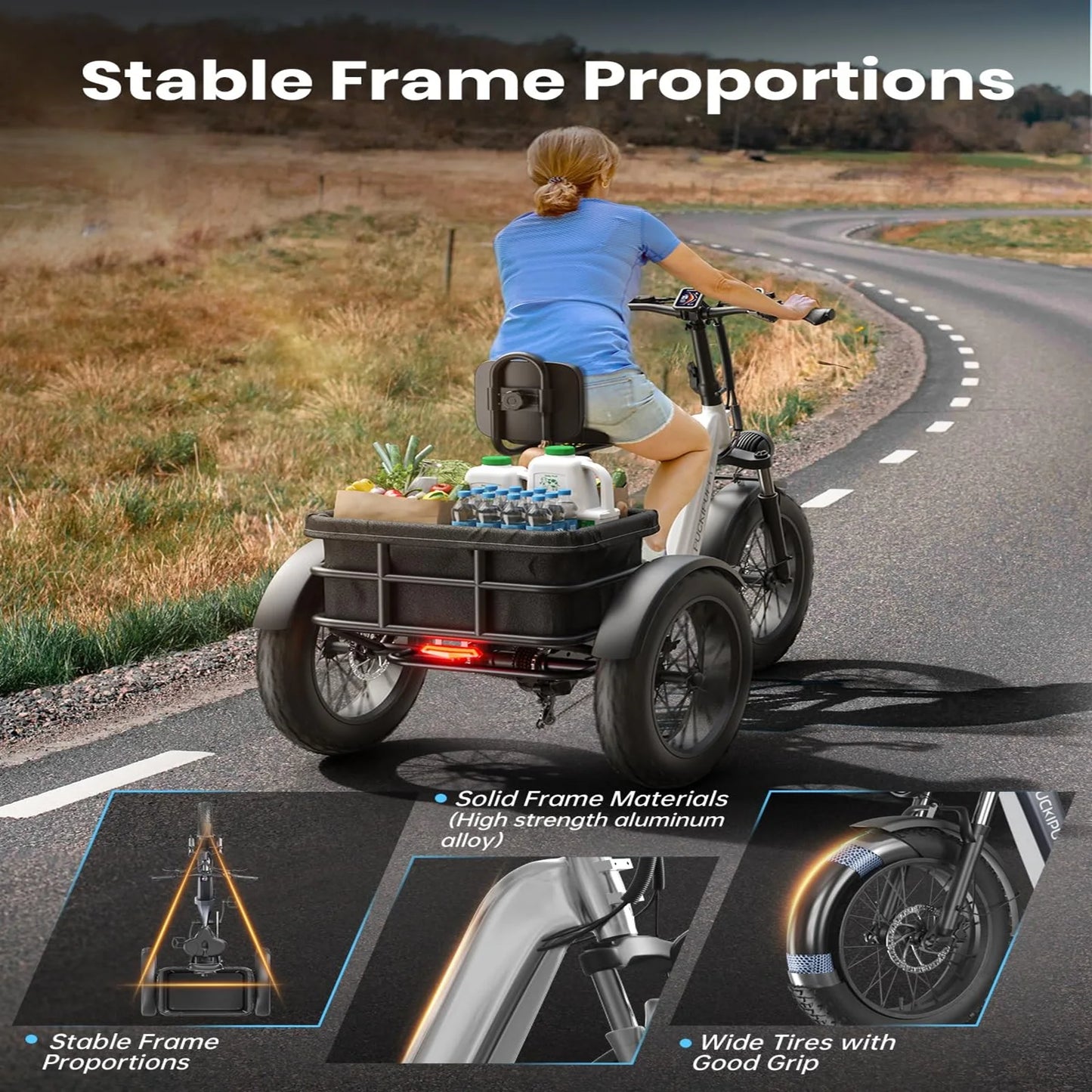 PUCKIPUPPY Electric Tricycle for Adult with 960W Peak Motor 60 Miles Range Pickup Class Trike 500 Lbs Load Electric Trike