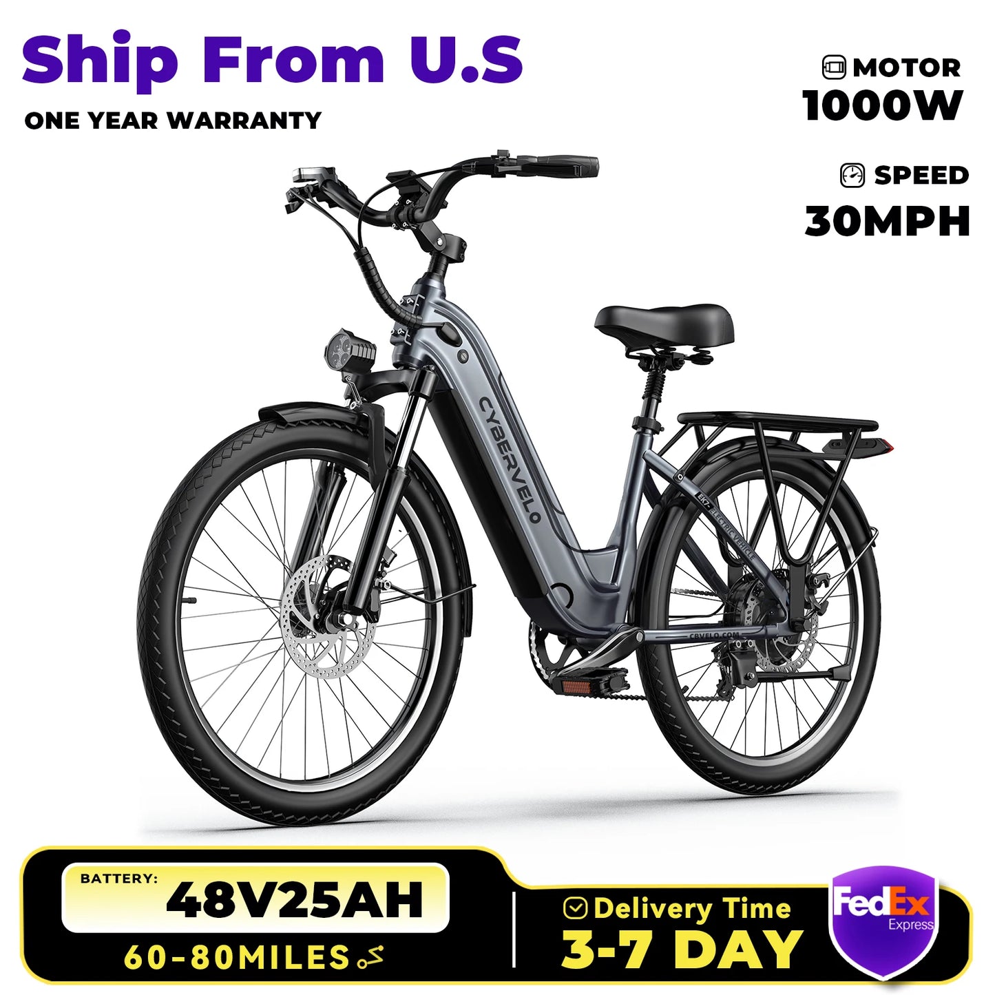Cybervelo EK7 1000 Peak Electric Bike,80 Miles Removable Battery Ebike, 26" Electric E Bike with 7-Speed,Adult Electric Bicycles