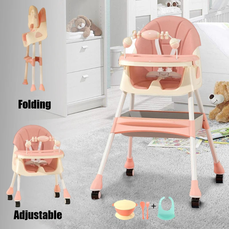 Foldable Baby High Chair 6 Months Plus with Large Antislip Pad & ToyRack Easy to Clean Feeding E500 With Brakeable Wheel