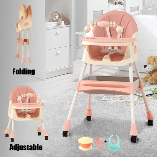 Foldable Baby High Chair 6 Months Plus with Large Antislip Pad & ToyRack Easy to Clean Feeding E500 With Brakeable Wheel