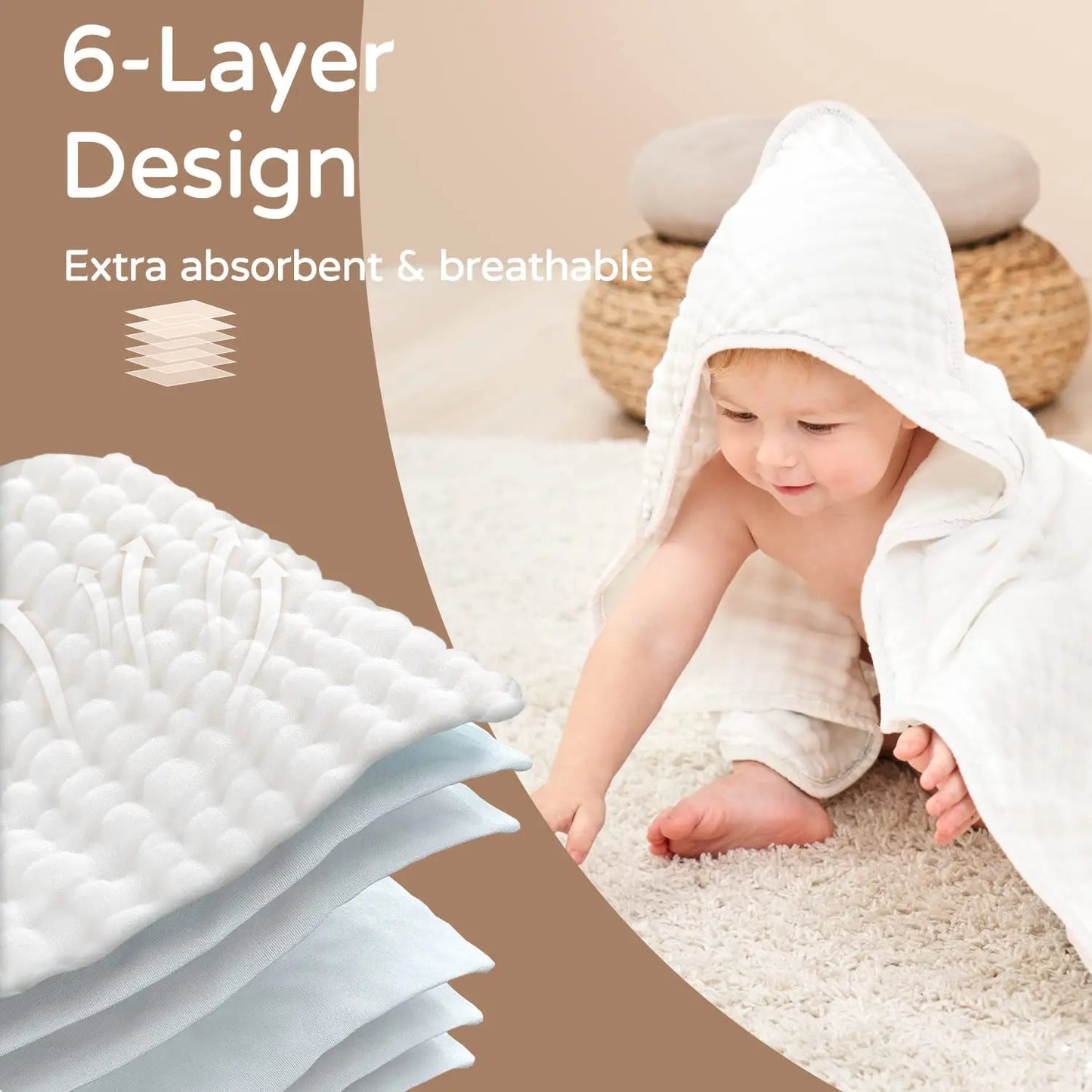 2pcs Hooded Baby Towels for Newborn 35*35inch 100% Muslin Cotton Baby Towel with Hood Warm Sleeping Swaddle Wrap for Infant, Kid