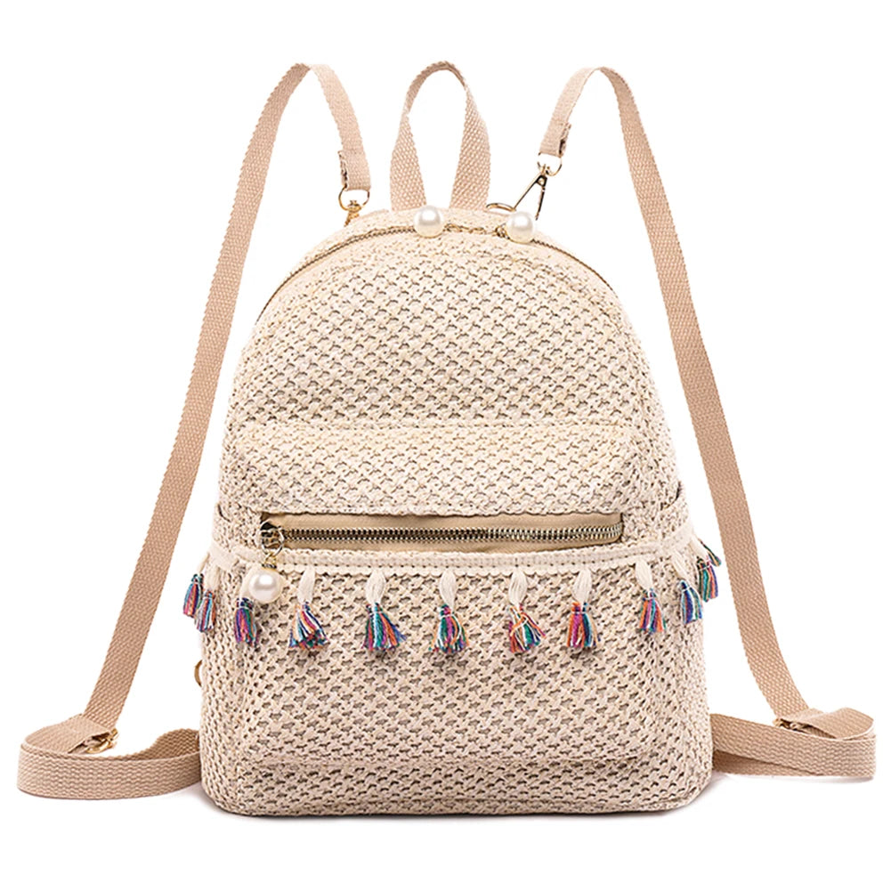 Bohemian Woven Backpack Straw School Bag Large Capacity Fashion Students Bookbag Stylish Shoulder Backpack Outdoor Travel Bag
