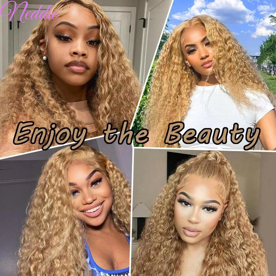 27# Honey Blonde Human Hair Colored Wig 13X4 Lace Front Deep Wave Wigs 13X6 Lace Frontal Curly Wig 30 34 Inch For Black Women