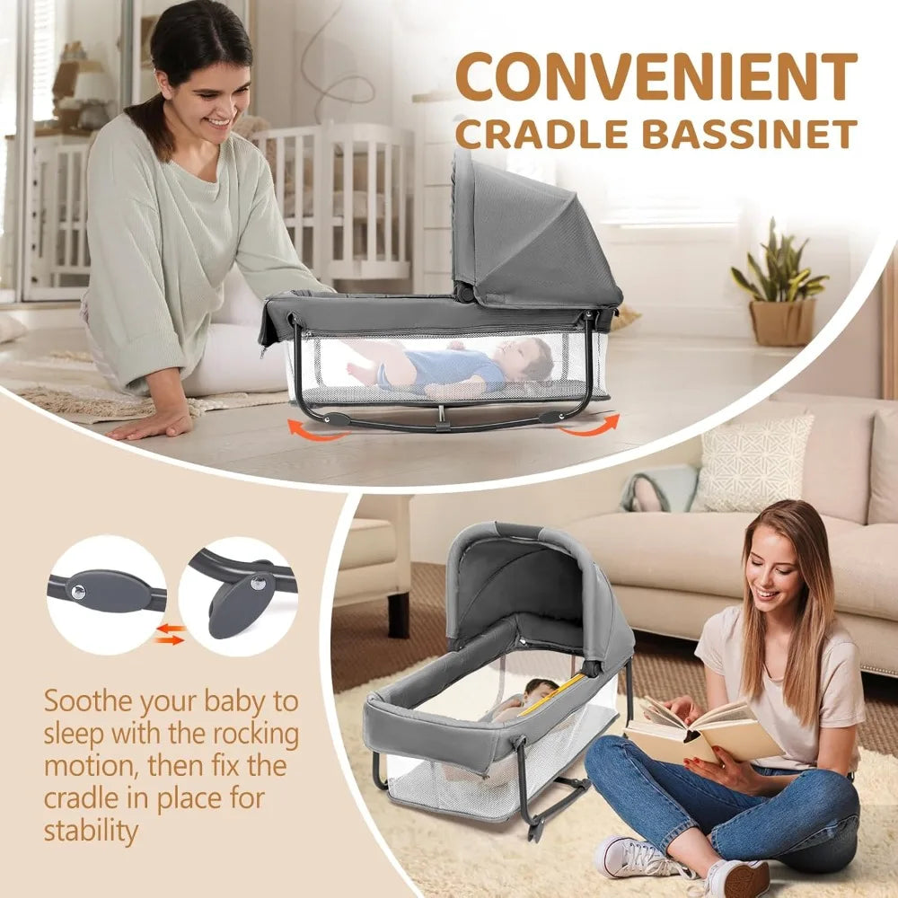Twin Bassinet for Baby, Bedside Bassinet, Convertible to Bedside Sleeper and Playpen, with Wheel, Brake, Foldable Side Sleeper,