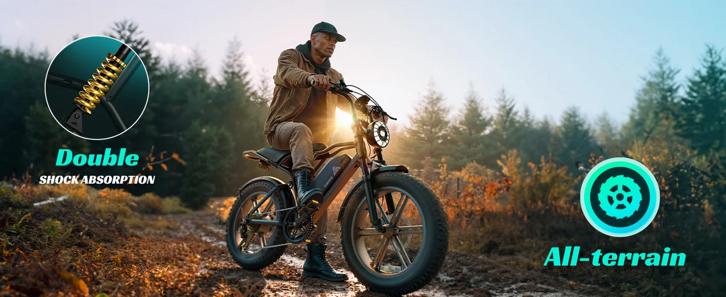 TST R002S 1500W e-bike, 20" fat tires, 60-mile range, 28MPH, 48V 15Ah battery, for all terrains.