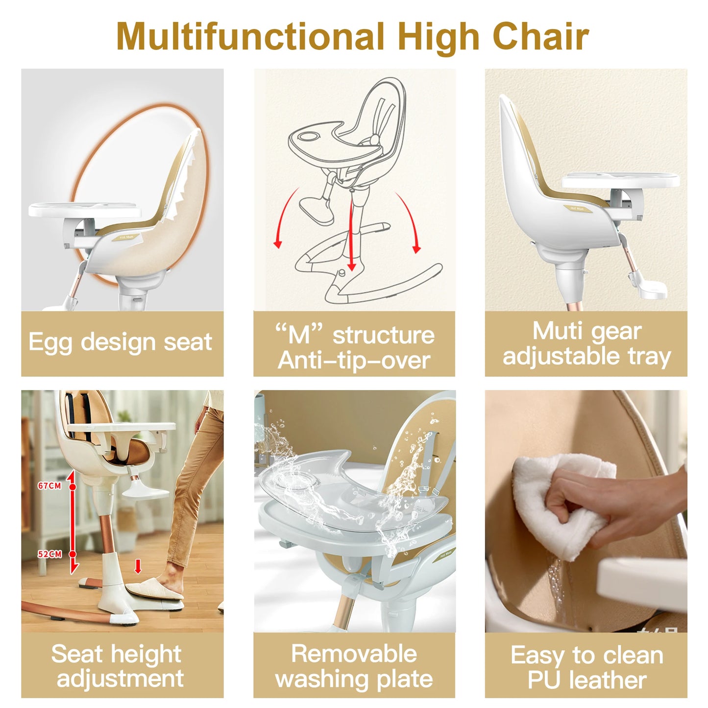 Hot Mom Baby High Chair With Adjustable Seat Height, Eating Chair with Foot Rest,Removable Tray,PU Leather Cushion