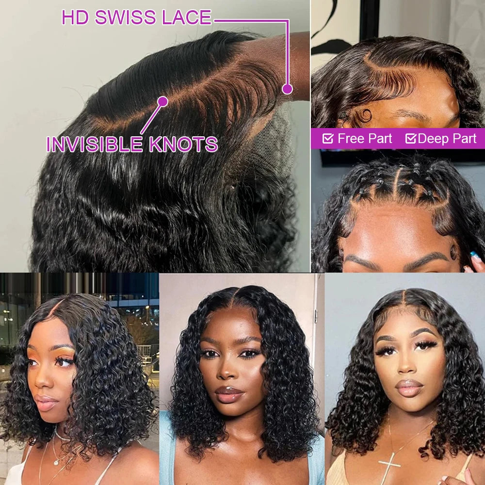 Brazilian Deep Water Wave Curly Bob 100% Human Hair Glueless Wigs Deep Wave HD Lace Front 13x4 13x6 Transparent Lace Frontal Wig