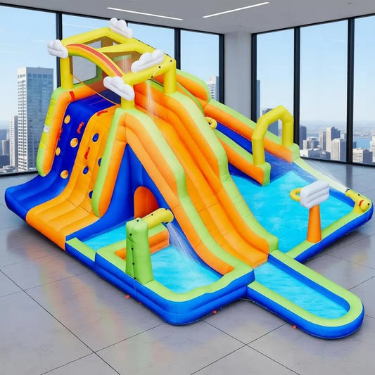 10-in-1 Rainbow Combo Water Slide with 2 Pools, Climbing Wall, Tunnel, and Double Slides for Kids 3-10 Years, 650W Blower Includ