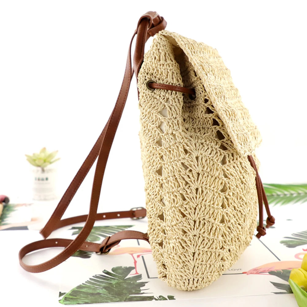 Women Straw Backpack Shoulders Bag Handmade Woven Casual Beach Top Handle Bags for Women Traveling Shopping