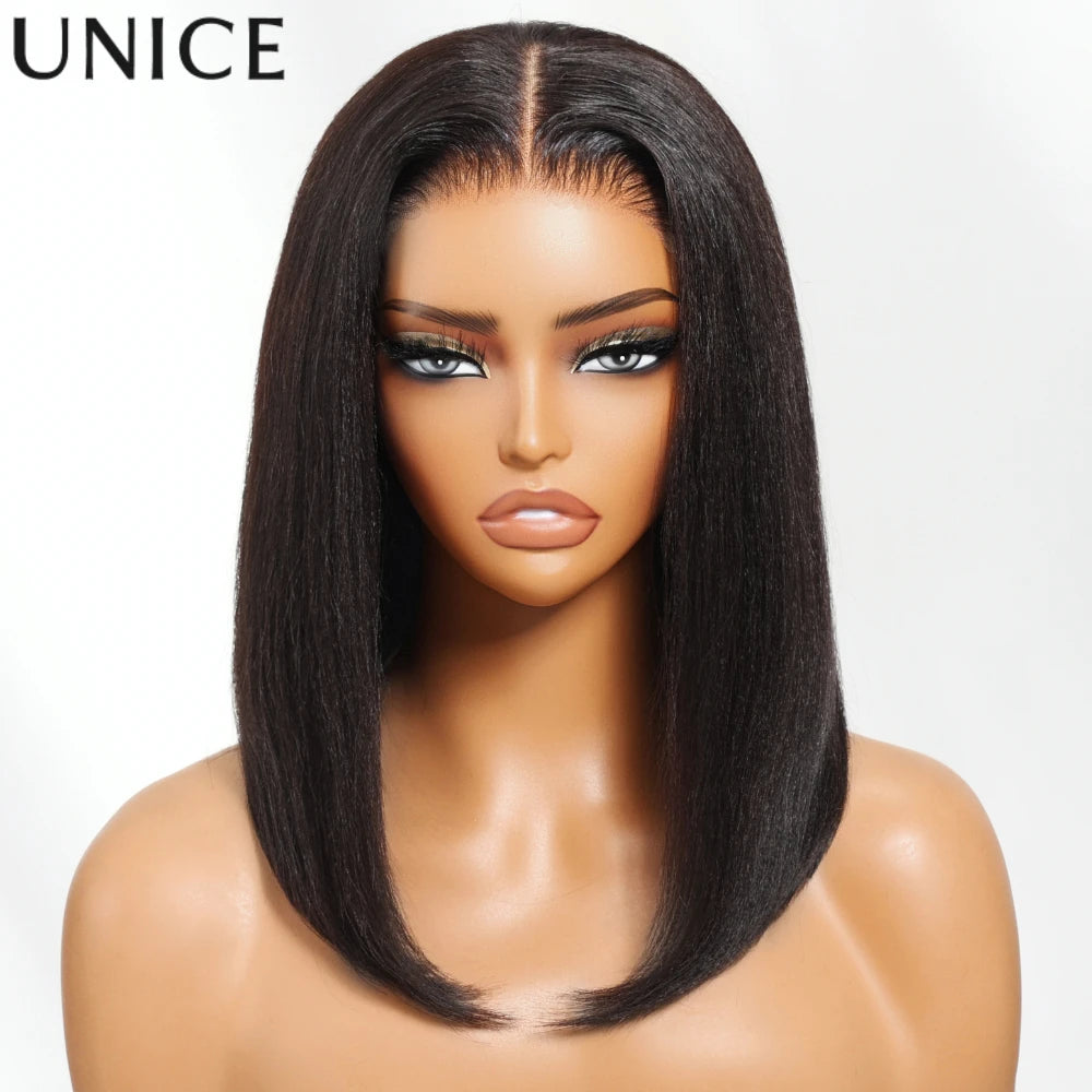 UNice 7x5 Pre Cut Pre Bleached Glueless Wig Human Hair Bone Straight & Yaki Straight Bob Wigs 150% Density