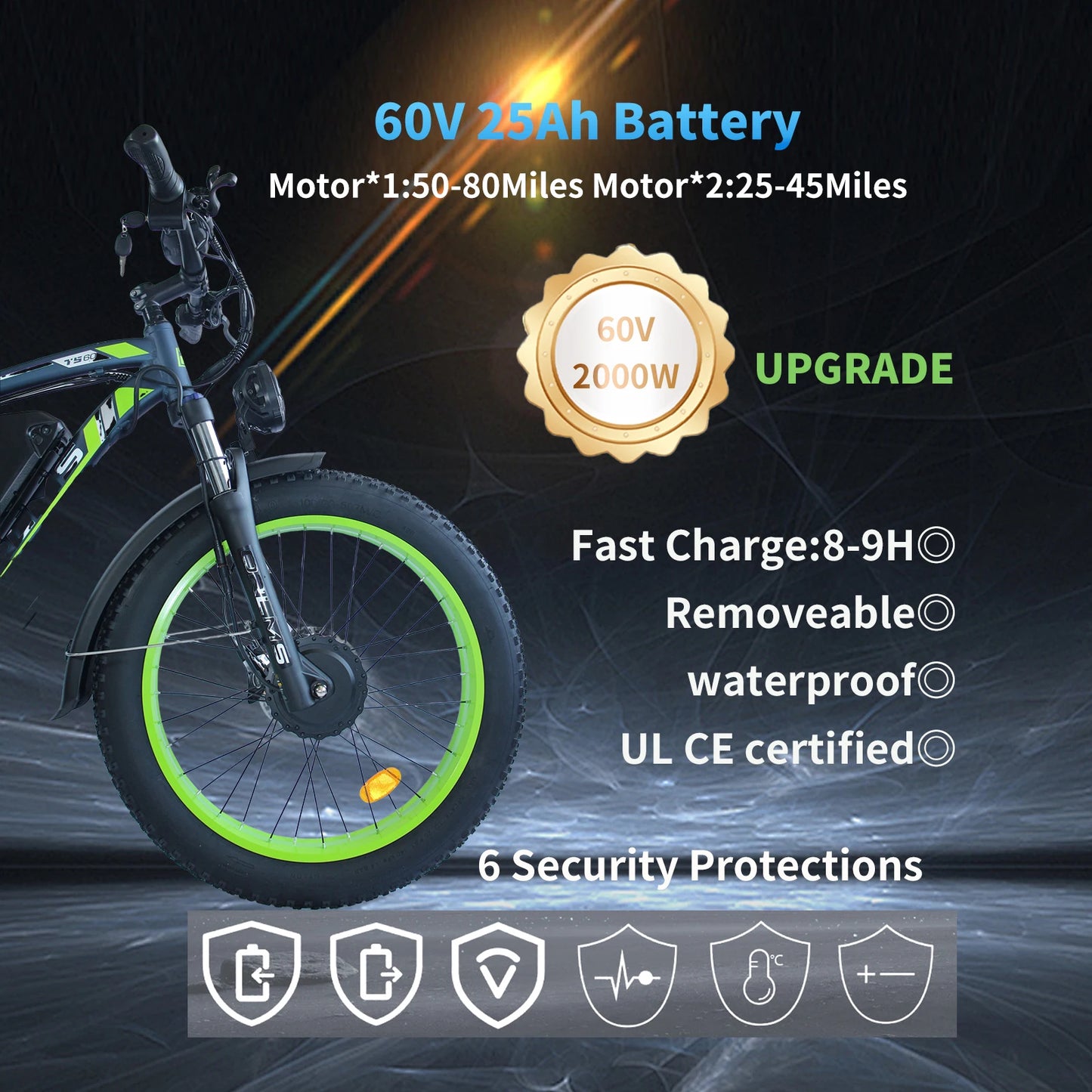 ORLMS TS60 Adult Electric Bicycle 1000W*2 Motor Men's E-bike  60V25AH Battery E-bike 26" Fat Tire Men's E-Mountain ebike