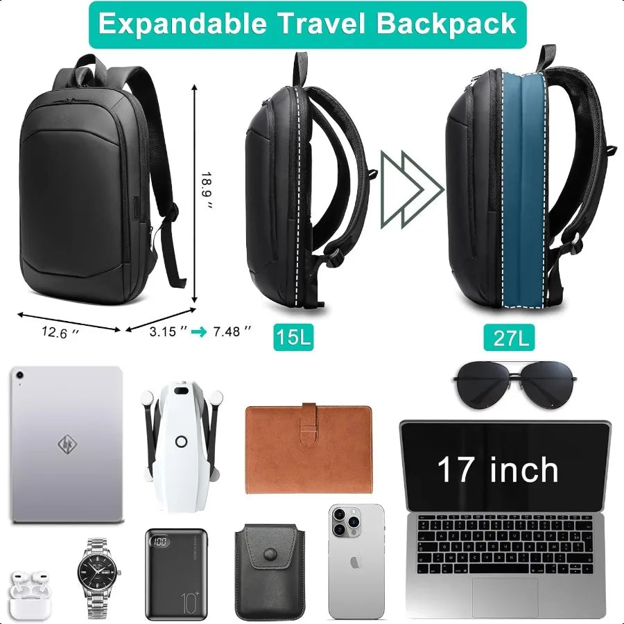 Busin Backpack for Men 17 InchSlim Expandable Waterproof Travel Laptop Backpack with USB Charger Port AntiTheft Lightweight Lar